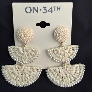 ON 34th Cream Woven Raffia Drop Tower Earrings
